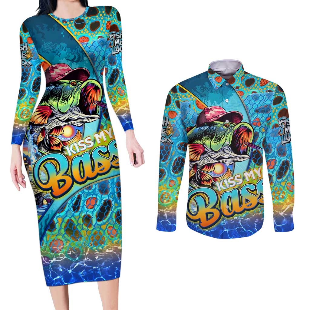 Personalized Kiss My Bass Fishing Couples Matching Long Sleeve Bodycon Dress and Long Sleeve Button Shirt Fish Me Luck - Wonder Print Shop