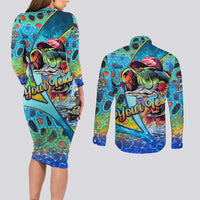 Personalized Kiss My Bass Fishing Couples Matching Long Sleeve Bodycon Dress and Long Sleeve Button Shirt Fish Me Luck - Wonder Print Shop