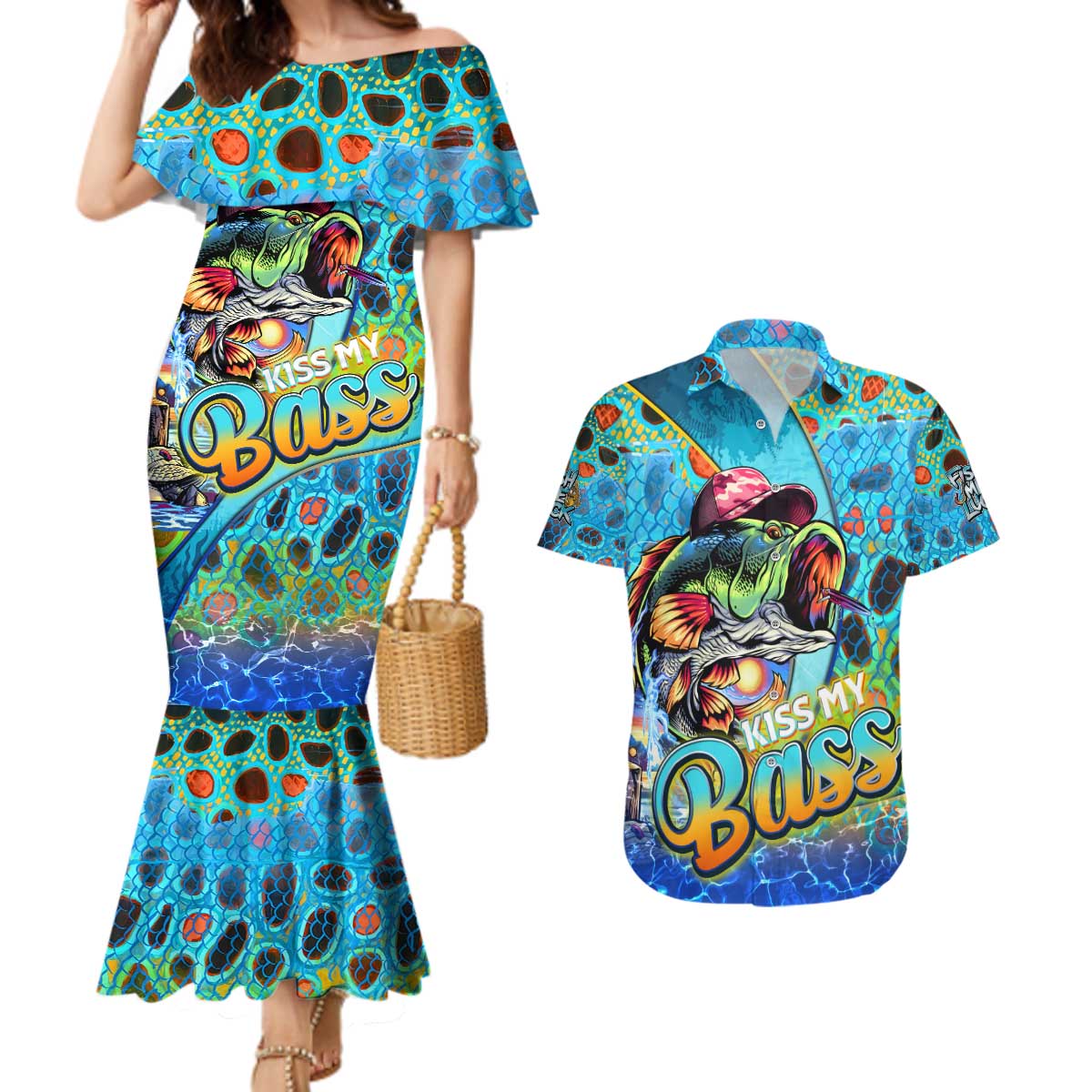 Personalized Kiss My Bass Fishing Couples Matching Mermaid Dress and Hawaiian Shirt Fish Me Luck - Wonder Print Shop