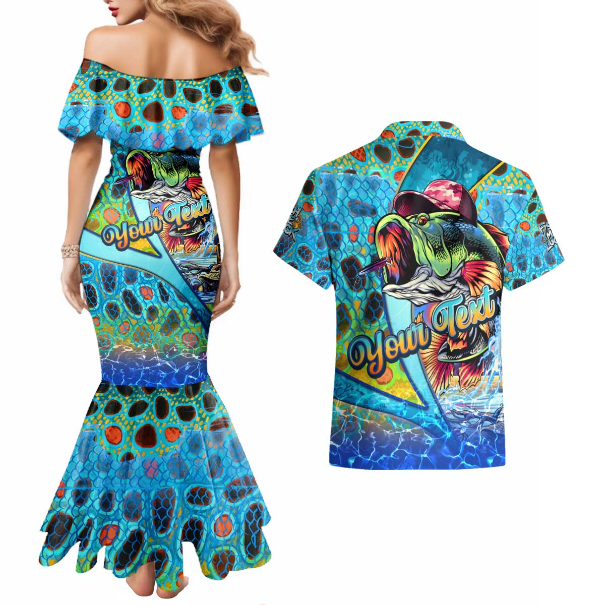 Personalized Kiss My Bass Fishing Couples Matching Mermaid Dress and Hawaiian Shirt Fish Me Luck - Wonder Print Shop
