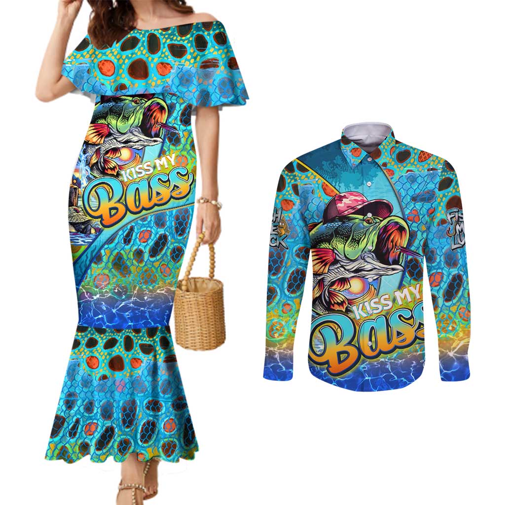Personalized Kiss My Bass Fishing Couples Matching Mermaid Dress and Long Sleeve Button Shirt Fish Me Luck