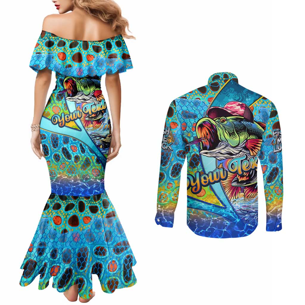 Personalized Kiss My Bass Fishing Couples Matching Mermaid Dress and Long Sleeve Button Shirt Fish Me Luck