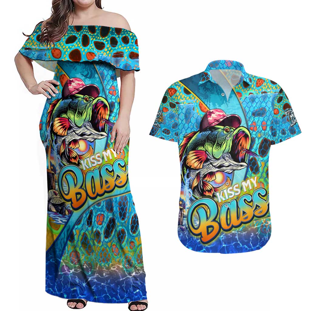 Personalized Kiss My Bass Fishing Couples Matching Off Shoulder Maxi Dress and Hawaiian Shirt Fish Me Luck - Wonder Print Shop