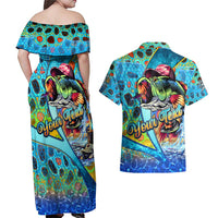 Personalized Kiss My Bass Fishing Couples Matching Off Shoulder Maxi Dress and Hawaiian Shirt Fish Me Luck - Wonder Print Shop