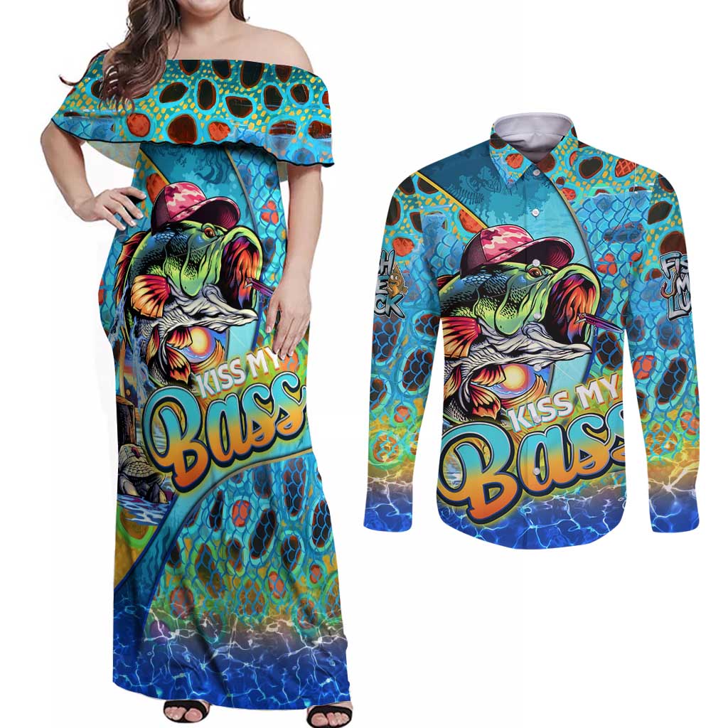Personalized Kiss My Bass Fishing Couples Matching Off Shoulder Maxi Dress and Long Sleeve Button Shirt Fish Me Luck - Wonder Print Shop