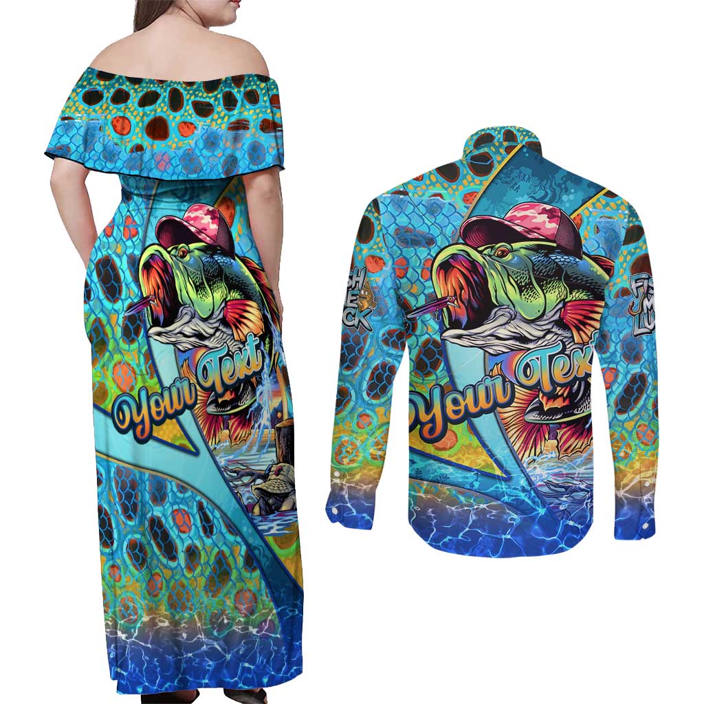 Personalized Kiss My Bass Fishing Couples Matching Off Shoulder Maxi Dress and Long Sleeve Button Shirt Fish Me Luck - Wonder Print Shop