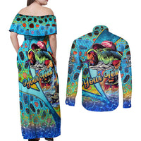 Personalized Kiss My Bass Fishing Couples Matching Off Shoulder Maxi Dress and Long Sleeve Button Shirt Fish Me Luck - Wonder Print Shop