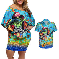 Personalized Kiss My Bass Fishing Couples Matching Off Shoulder Short Dress and Hawaiian Shirt Fish Me Luck - Wonder Print Shop