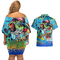Personalized Kiss My Bass Fishing Couples Matching Off Shoulder Short Dress and Hawaiian Shirt Fish Me Luck - Wonder Print Shop