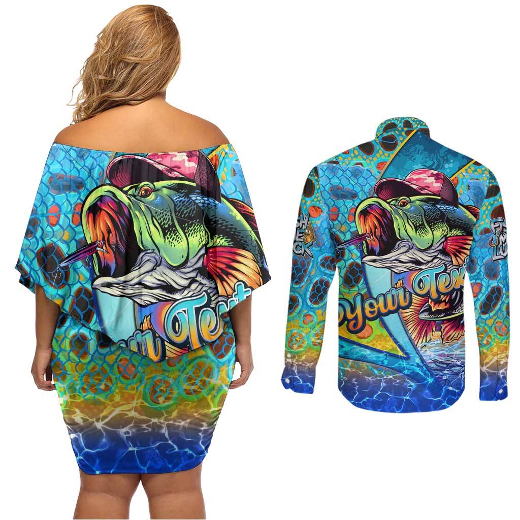Personalized Kiss My Bass Fishing Couples Matching Off Shoulder Short Dress and Long Sleeve Button Shirt Fish Me Luck - Wonder Print Shop