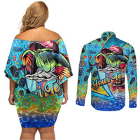 Personalized Kiss My Bass Fishing Couples Matching Off Shoulder Short Dress and Long Sleeve Button Shirt Fish Me Luck - Wonder Print Shop
