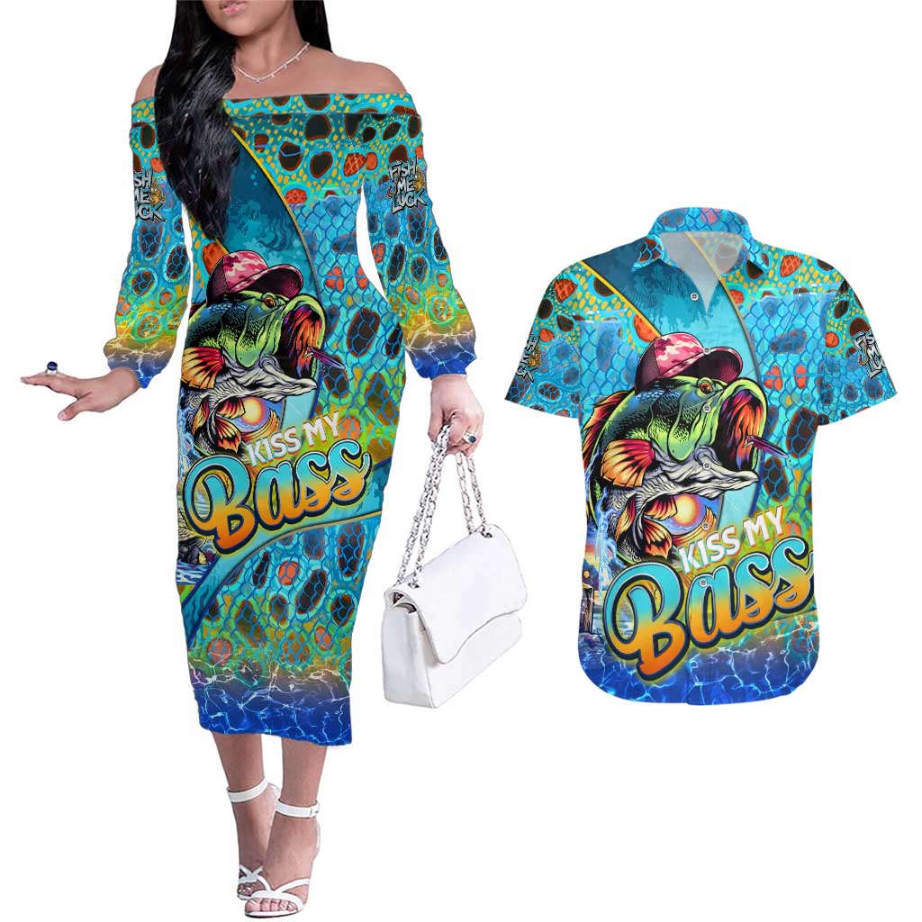 Personalized Kiss My Bass Fishing Couples Matching Off The Shoulder Long Sleeve Dress and Hawaiian Shirt Fish Me Luck - Wonder Print Shop