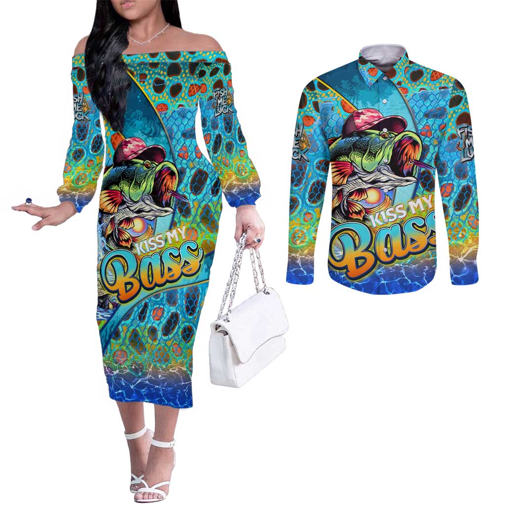 Personalized Kiss My Bass Fishing Couples Matching Off The Shoulder Long Sleeve Dress and Long Sleeve Button Shirt Fish Me Luck