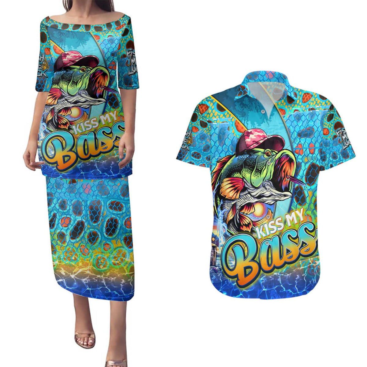 Personalized Kiss My Bass Fishing Couples Matching Puletasi and Hawaiian Shirt Fish Me Luck - Wonder Print Shop