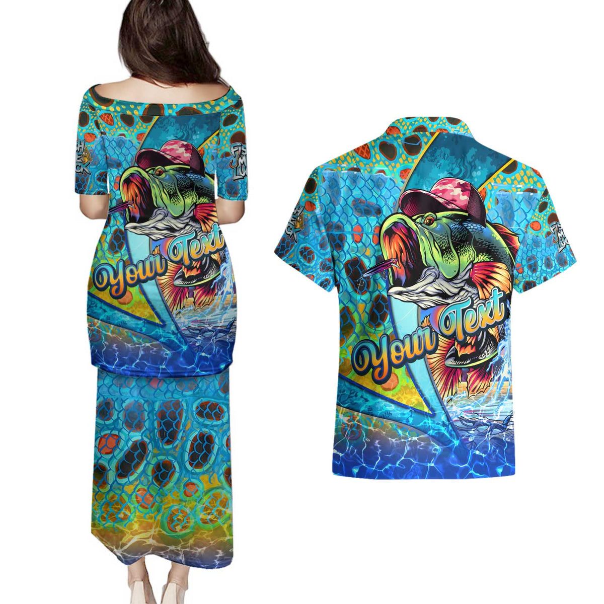 Personalized Kiss My Bass Fishing Couples Matching Puletasi and Hawaiian Shirt Fish Me Luck - Wonder Print Shop
