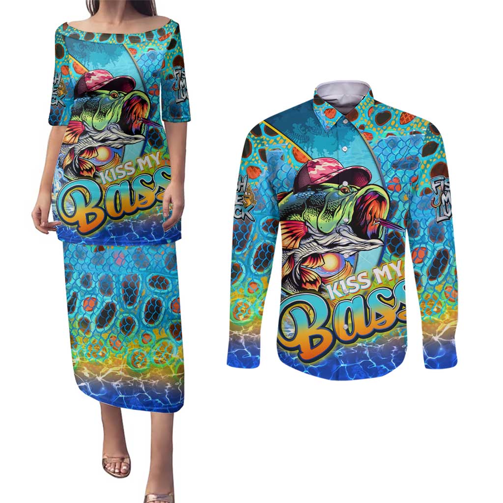 Personalized Kiss My Bass Fishing Couples Matching Puletasi and Long Sleeve Button Shirt Fish Me Luck - Wonder Print Shop