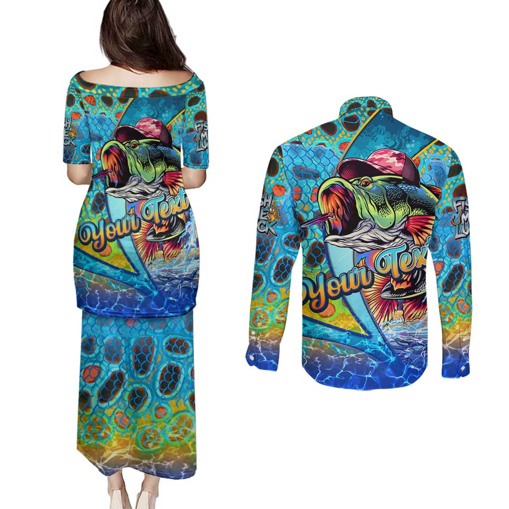 Personalized Kiss My Bass Fishing Couples Matching Puletasi and Long Sleeve Button Shirt Fish Me Luck - Wonder Print Shop