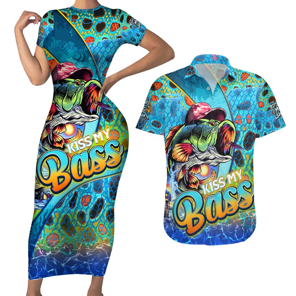 Personalized Kiss My Bass Fishing Couples Matching Short Sleeve Bodycon Dress and Hawaiian Shirt Fish Me Luck - Wonder Print Shop