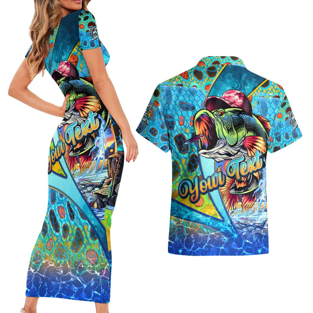 Personalized Kiss My Bass Fishing Couples Matching Short Sleeve Bodycon Dress and Hawaiian Shirt Fish Me Luck - Wonder Print Shop