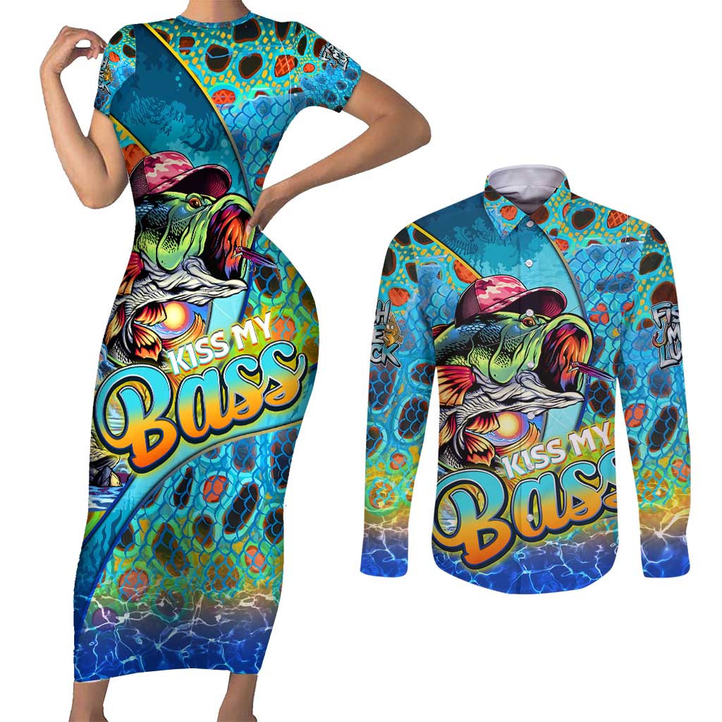 Personalized Kiss My Bass Fishing Couples Matching Short Sleeve Bodycon Dress and Long Sleeve Button Shirt Fish Me Luck - Wonder Print Shop