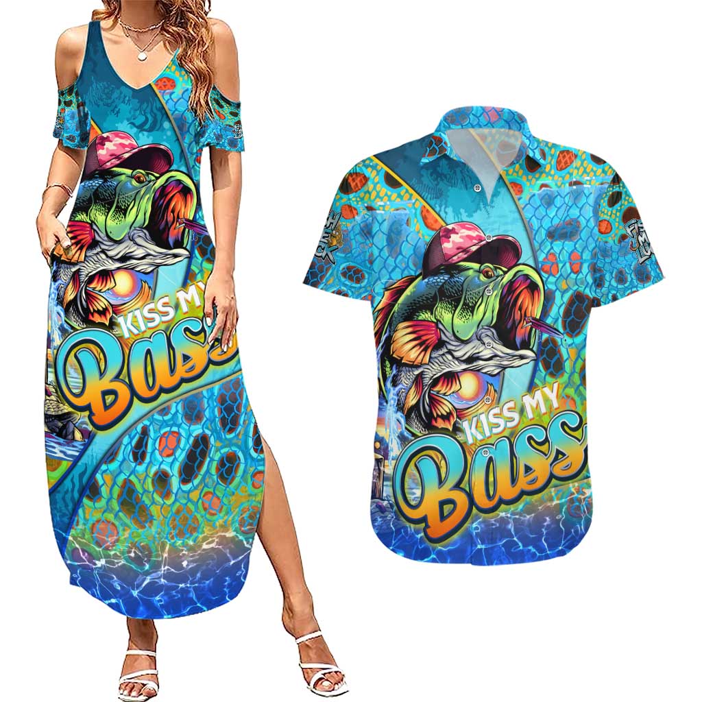 Personalized Kiss My Bass Fishing Couples Matching Summer Maxi Dress and Hawaiian Shirt Fish Me Luck - Wonder Print Shop