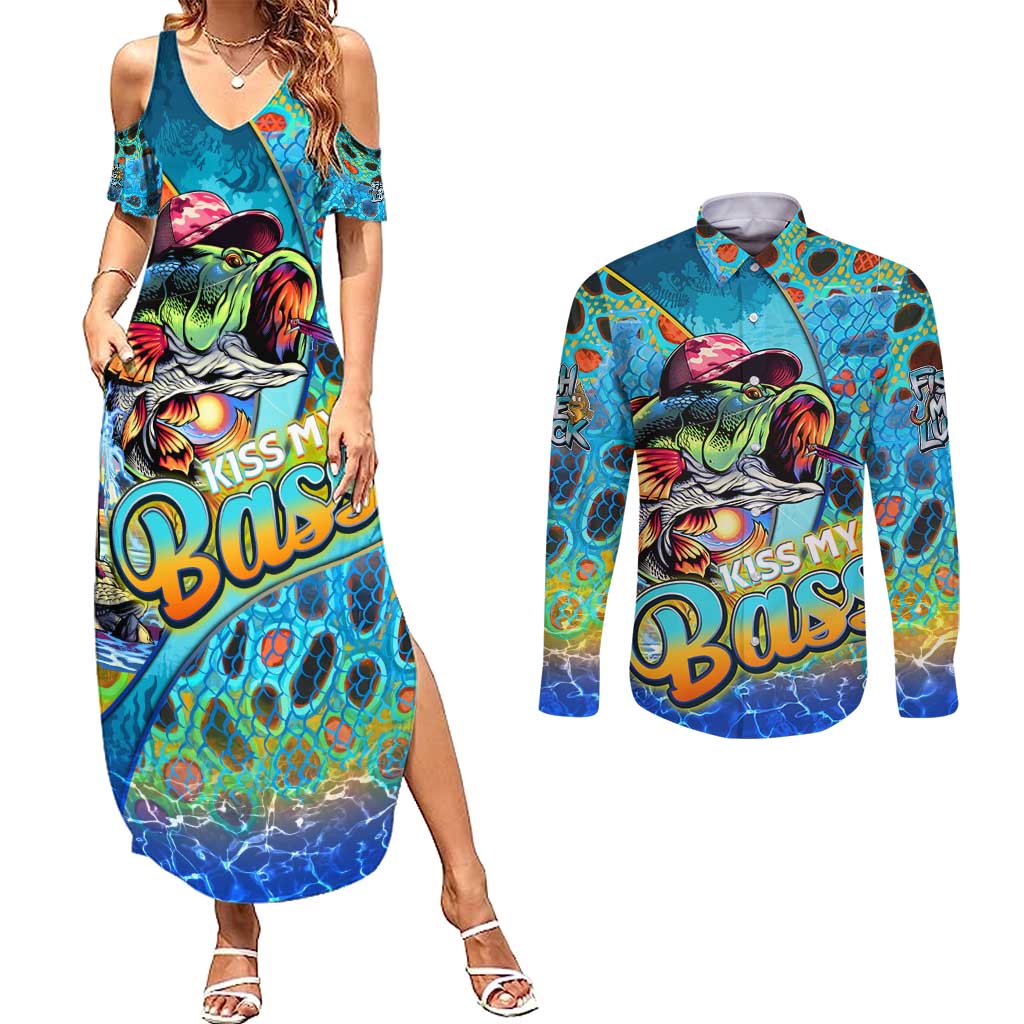 Personalized Kiss My Bass Fishing Couples Matching Summer Maxi Dress and Long Sleeve Button Shirt Fish Me Luck - Wonder Print Shop
