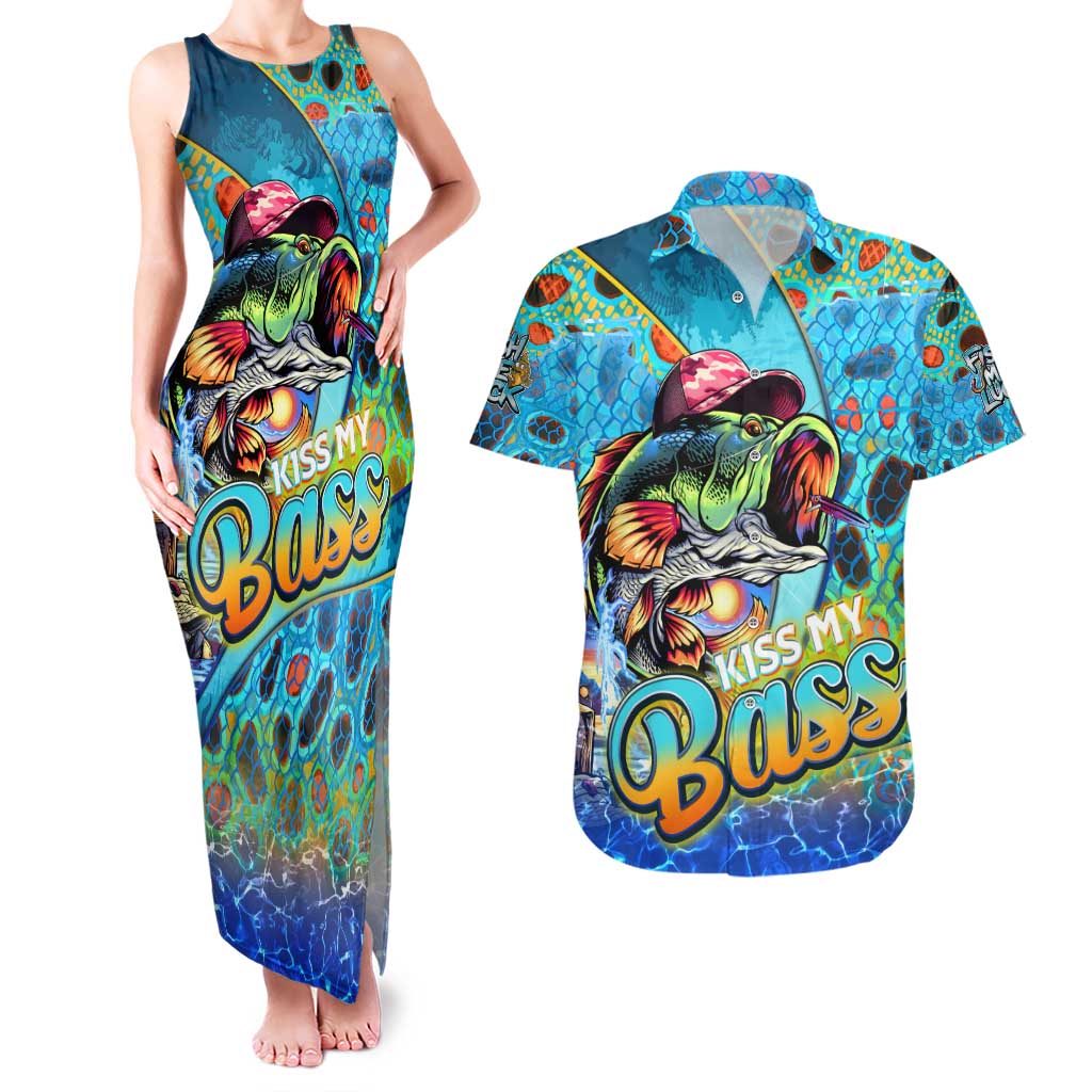 Personalized Kiss My Bass Fishing Couples Matching Tank Maxi Dress and Hawaiian Shirt Fish Me Luck - Wonder Print Shop
