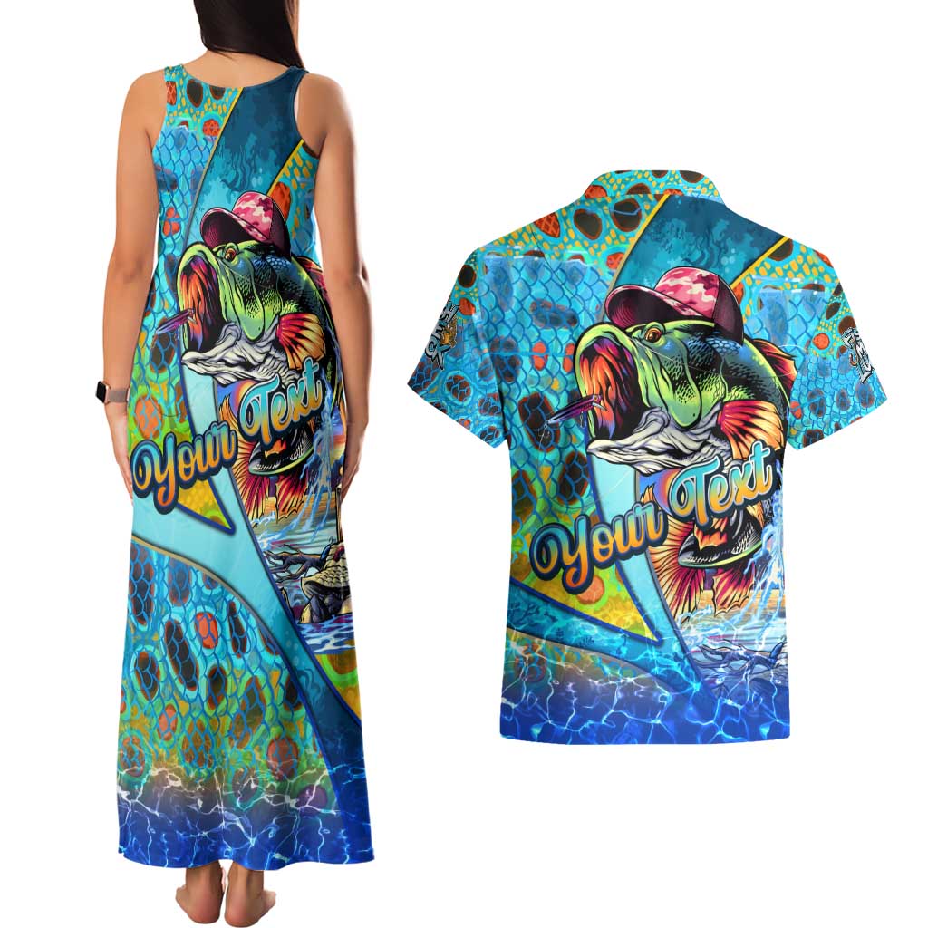 Personalized Kiss My Bass Fishing Couples Matching Tank Maxi Dress and Hawaiian Shirt Fish Me Luck - Wonder Print Shop