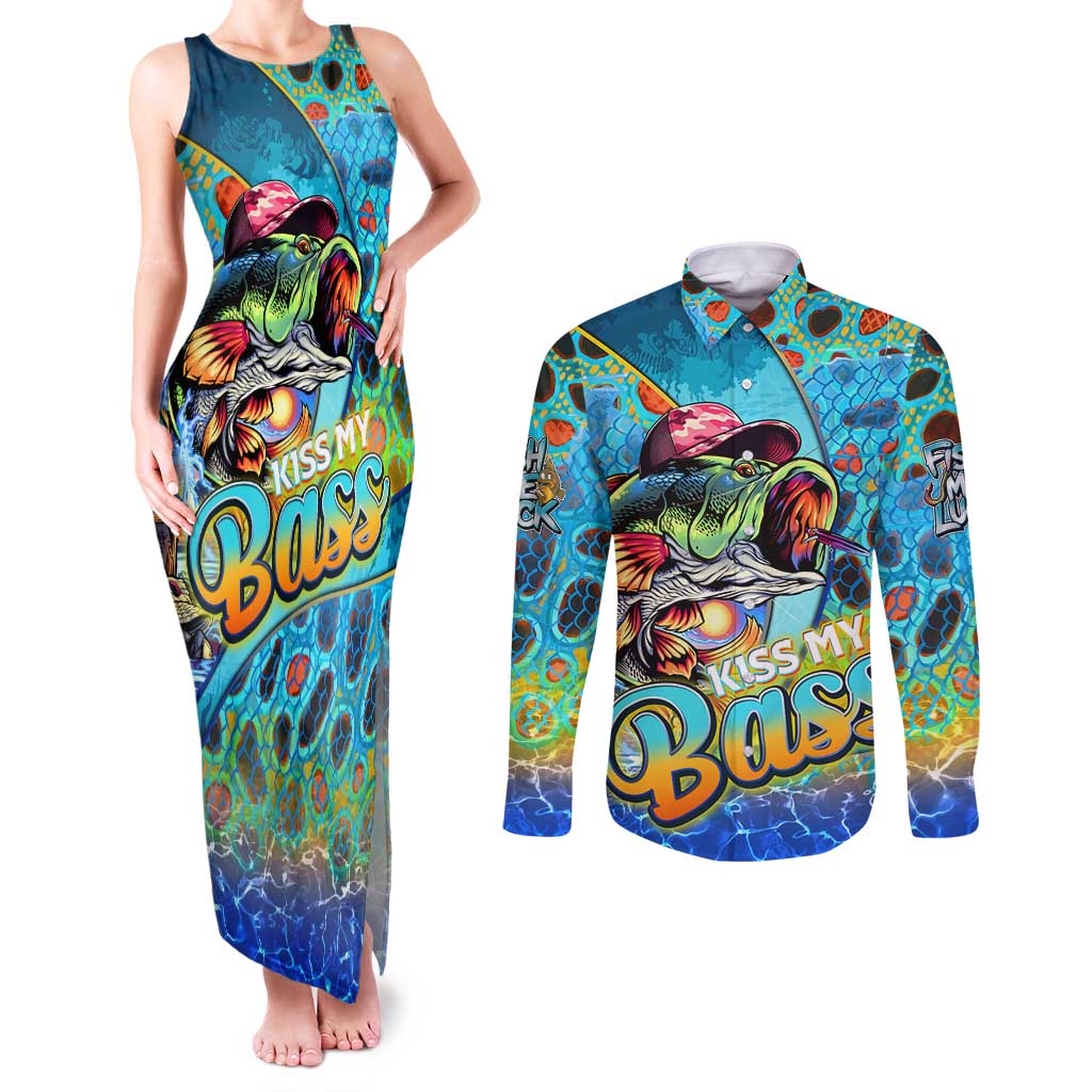 Personalized Kiss My Bass Fishing Couples Matching Tank Maxi Dress and Long Sleeve Button Shirt Fish Me Luck - Wonder Print Shop