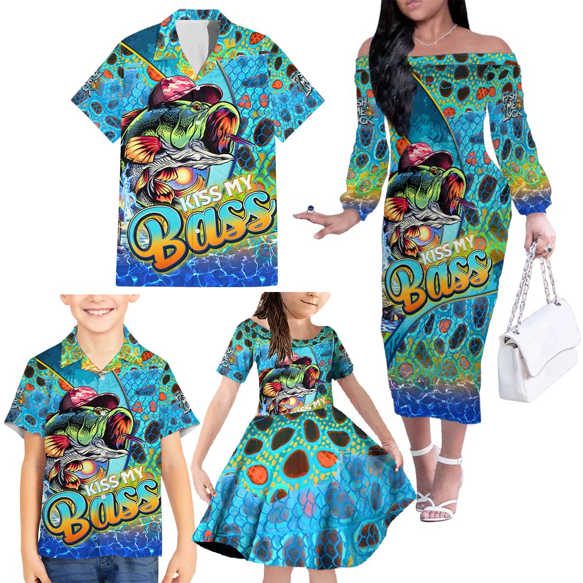 Personalized Kiss My Bass Fishing Family Matching Off The Shoulder Long Sleeve Dress and Hawaiian Shirt Fish Me Luck - Wonder Print Shop
