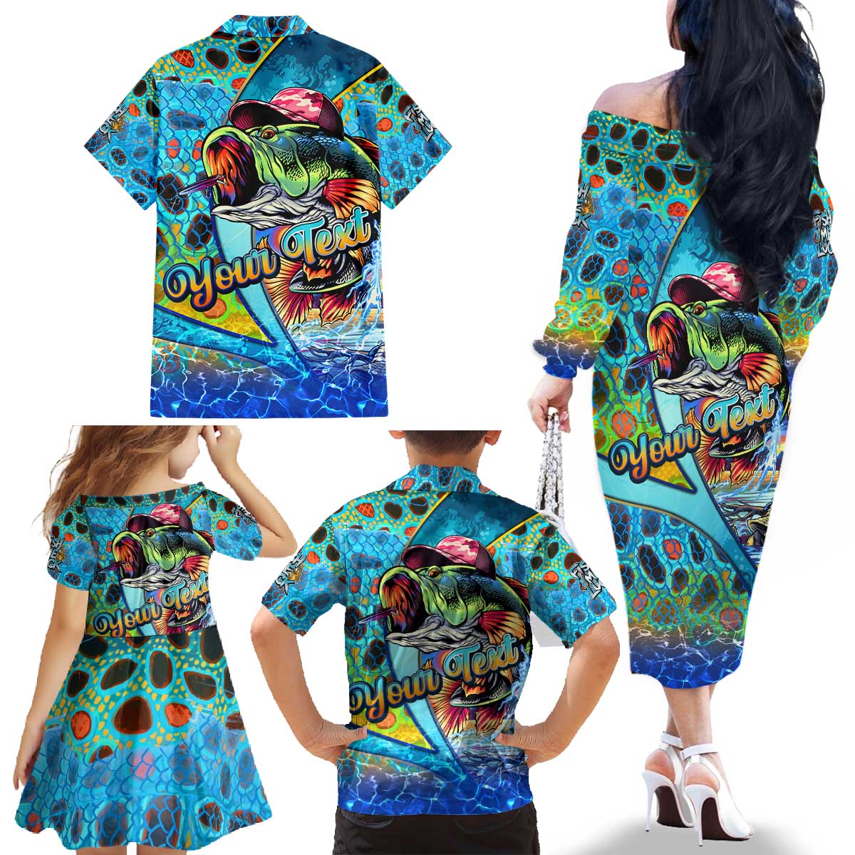 Personalized Kiss My Bass Fishing Family Matching Off The Shoulder Long Sleeve Dress and Hawaiian Shirt Fish Me Luck - Wonder Print Shop
