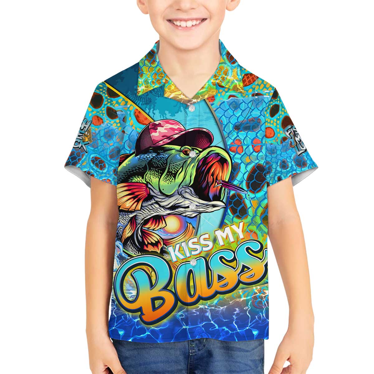Personalized Kiss My Bass Fishing Family Matching Off The Shoulder Long Sleeve Dress and Hawaiian Shirt Fish Me Luck - Wonder Print Shop