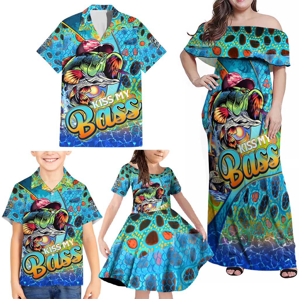 Personalized Kiss My Bass Fishing Family Matching Off Shoulder Maxi Dress and Hawaiian Shirt Fish Me Luck - Wonder Print Shop