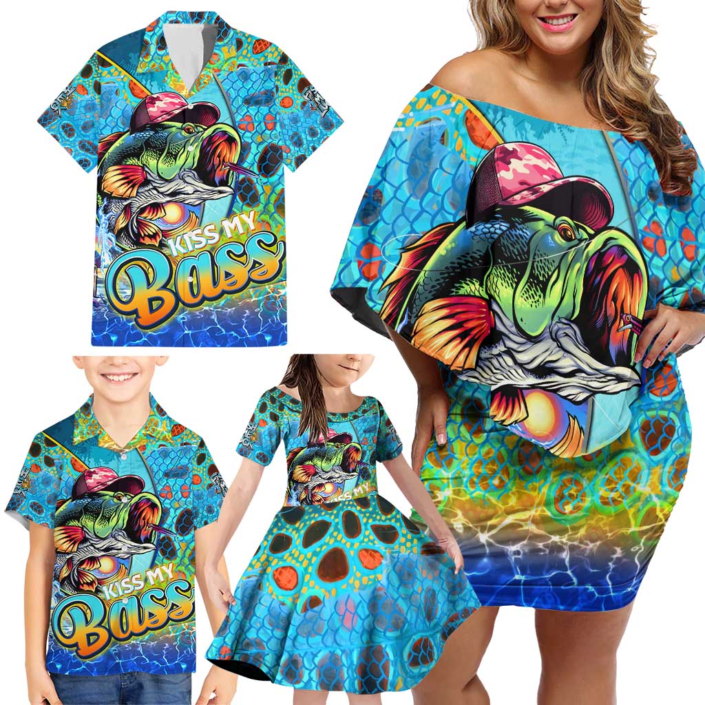 Personalized Kiss My Bass Fishing Family Matching Off Shoulder Short Dress and Hawaiian Shirt Fish Me Luck - Wonder Print Shop