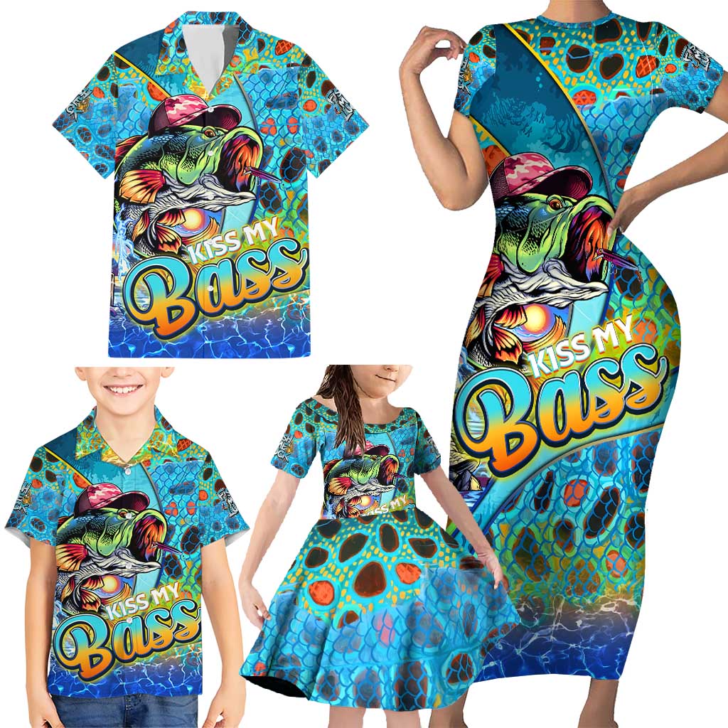Personalized Kiss My Bass Fishing Family Matching Short Sleeve Bodycon Dress and Hawaiian Shirt Fish Me Luck - Wonder Print Shop
