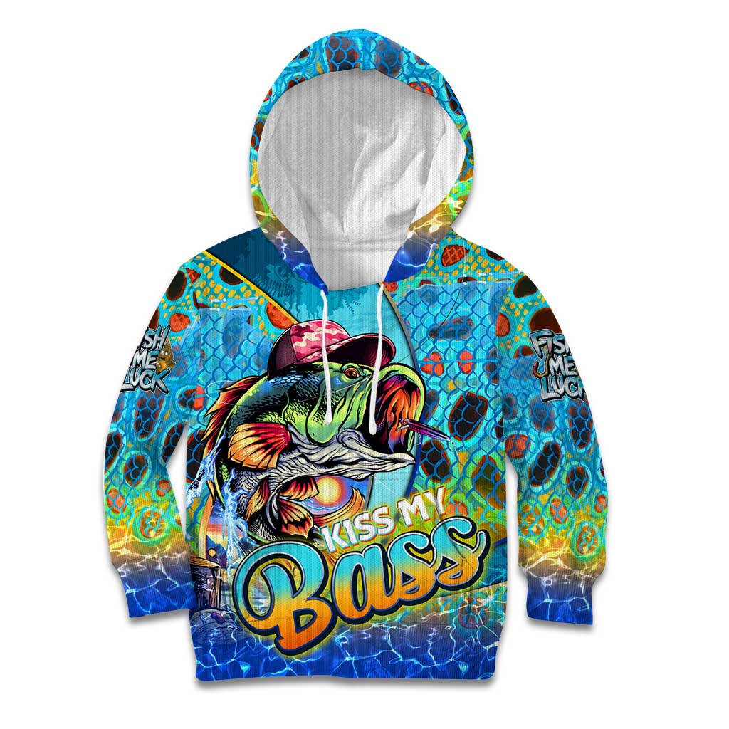 Personalized Kiss My Bass Fishing Kid Hoodie Fish Me Luck - Wonder Print Shop