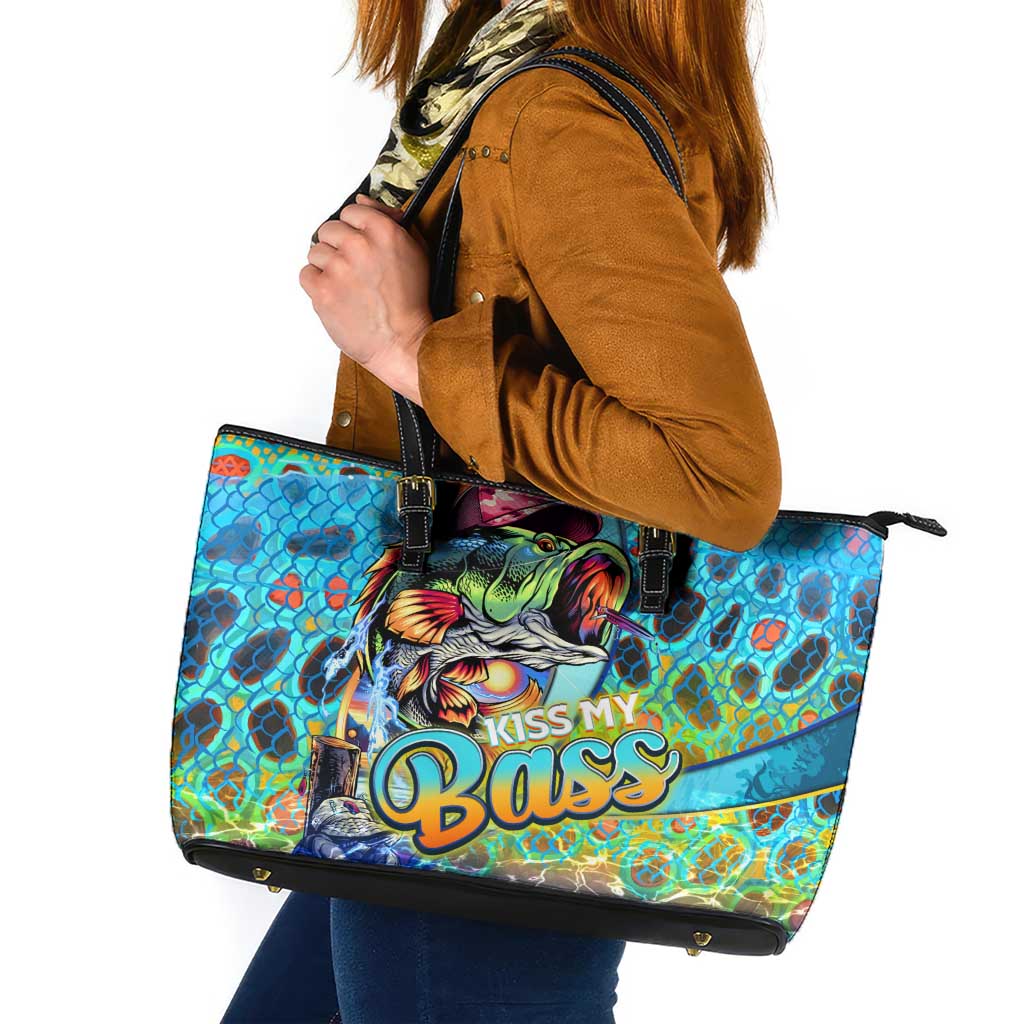 Kiss My Bass Fishing Leather Tote Bag Fish Me Luck - Wonder Print Shop
