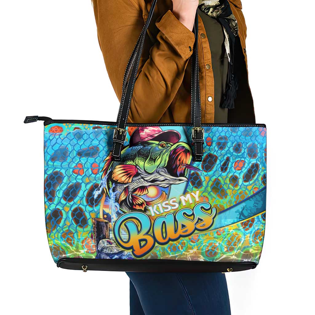 Kiss My Bass Fishing Leather Tote Bag Fish Me Luck - Wonder Print Shop