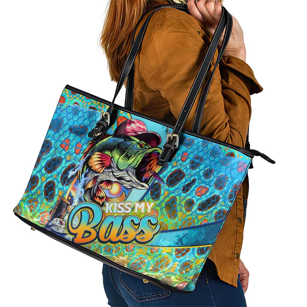 Kiss My Bass Fishing Leather Tote Bag Fish Me Luck - Wonder Print Shop