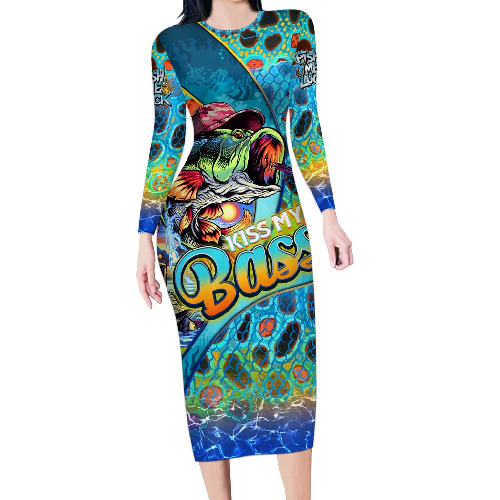 Personalized Kiss My Bass Fishing Long Sleeve Bodycon Dress Fish Me Luck - Wonder Print Shop