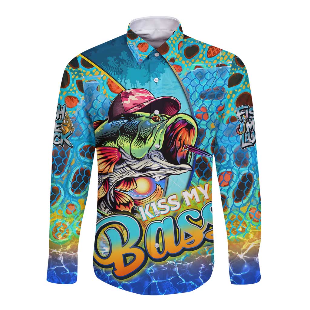 Personalized Kiss My Bass Fishing Long Sleeve Button Shirt Fish Me Luck - Wonder Print Shop