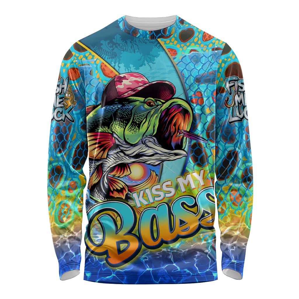 Personalized Kiss My Bass Fishing Long Sleeve Shirt Fish Me Luck - Wonder Print Shop
