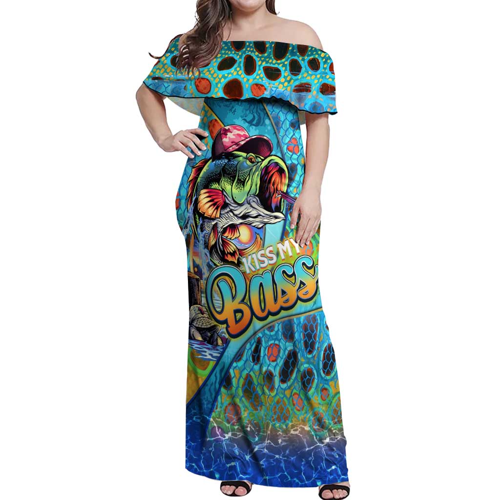 Personalized Kiss My Bass Fishing Off Shoulder Maxi Dress Fish Me Luck - Wonder Print Shop