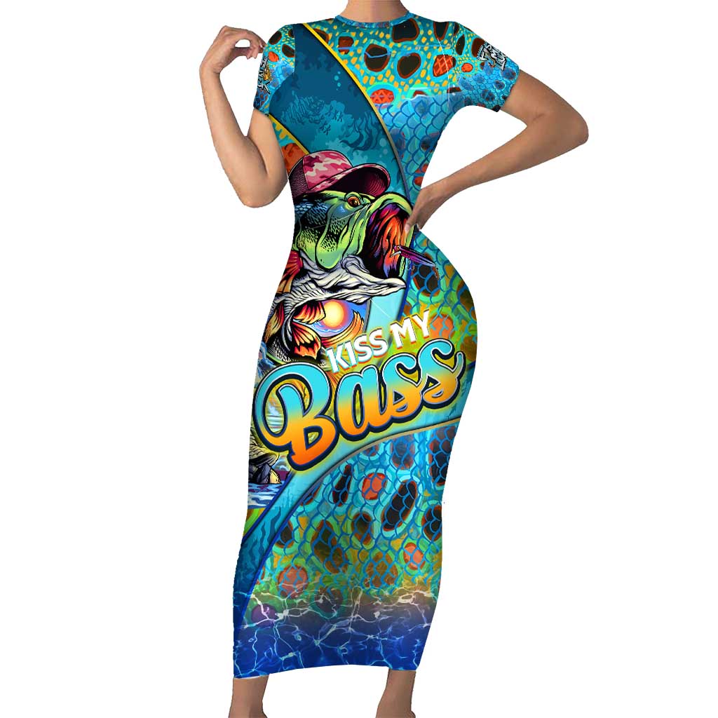 Personalized Kiss My Bass Fishing Short Sleeve Bodycon Dress Fish Me Luck - Wonder Print Shop