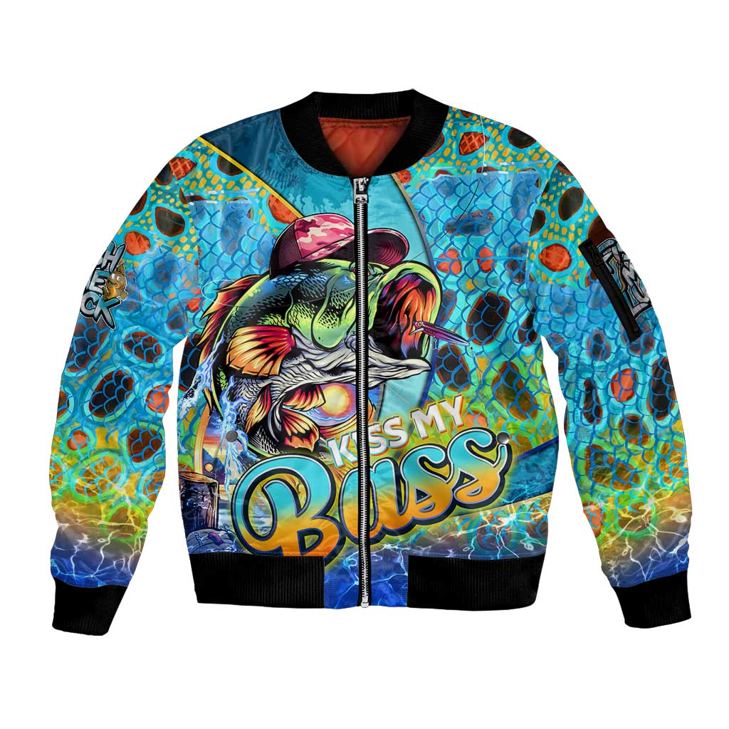 Personalized Kiss My Bass Fishing Sleeve Zip Bomber Jacket Fish Me Luck - Wonder Print Shop