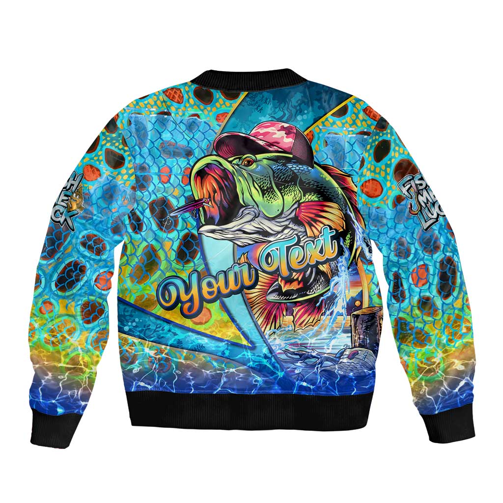 Personalized Kiss My Bass Fishing Sleeve Zip Bomber Jacket Fish Me Luck - Wonder Print Shop