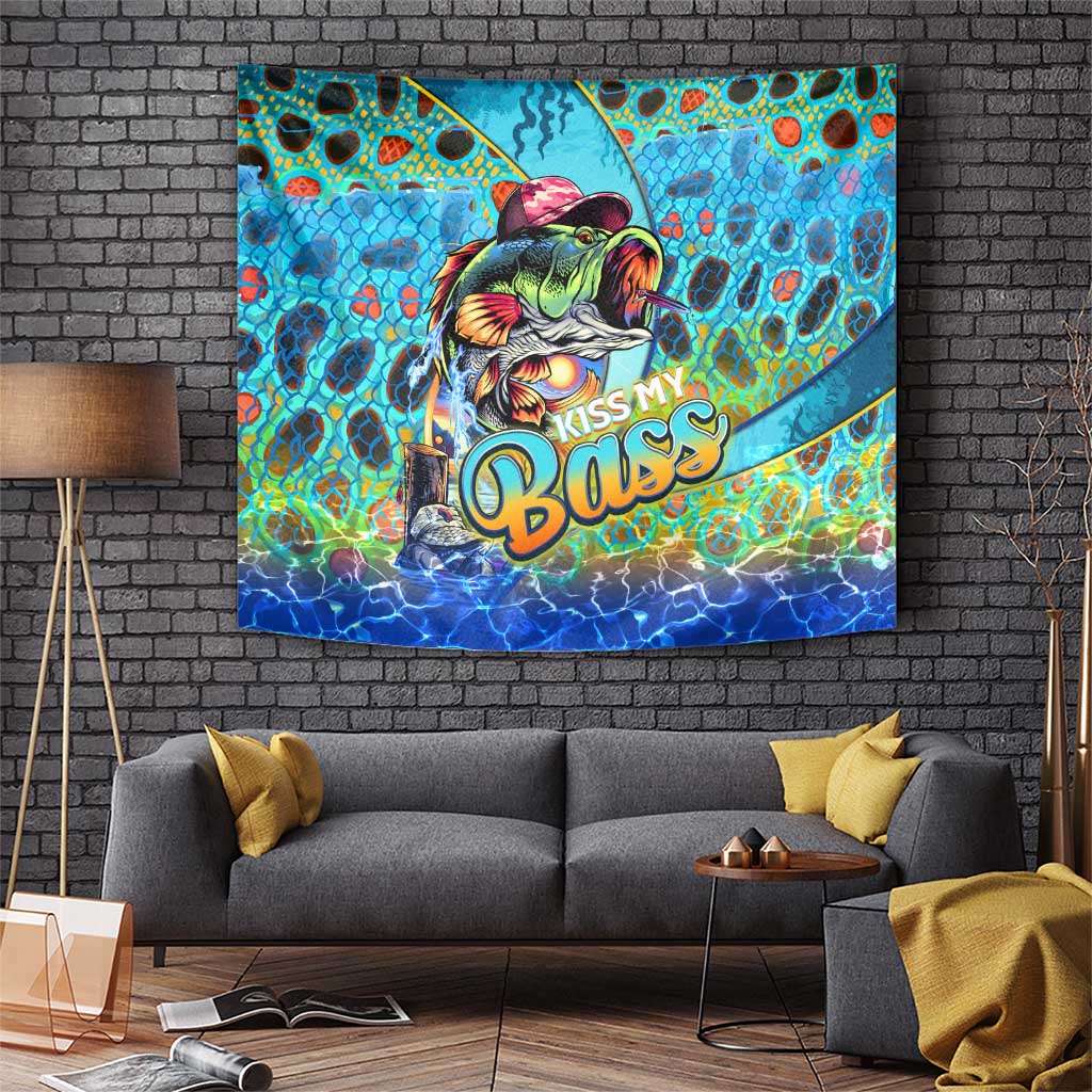 Kiss My Bass Fishing Tapestry Fish Me Luck - Wonder Print Shop