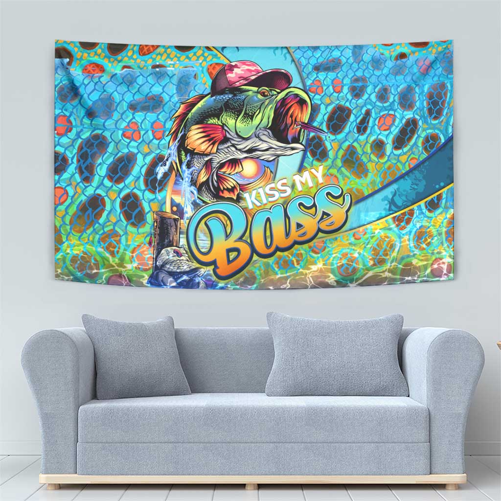 Kiss My Bass Fishing Tapestry Fish Me Luck - Wonder Print Shop