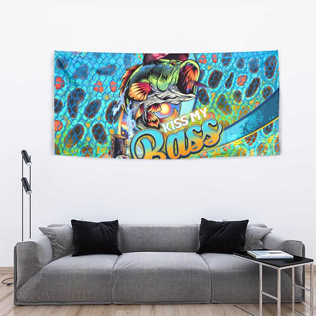 Kiss My Bass Fishing Tapestry Fish Me Luck - Wonder Print Shop