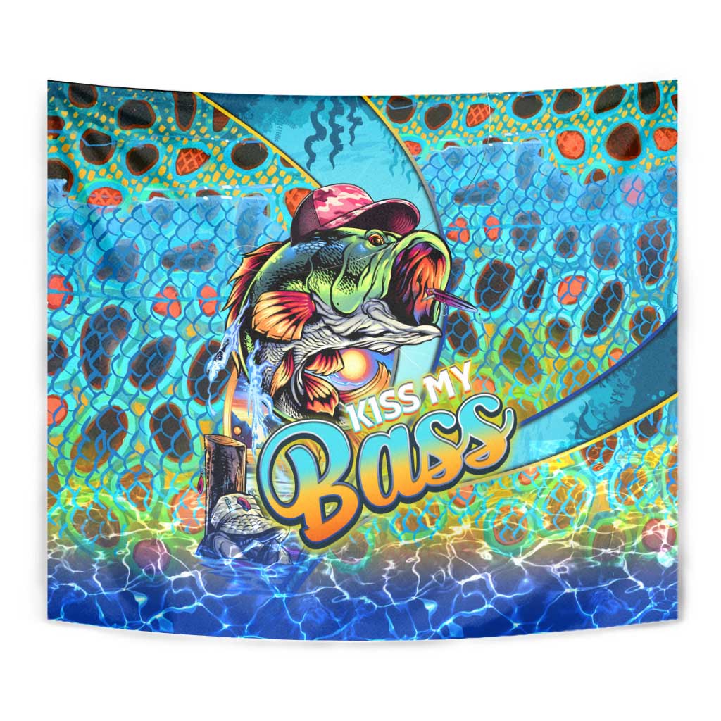 Kiss My Bass Fishing Tapestry Fish Me Luck - Wonder Print Shop